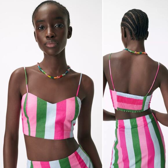 NWT Zara Resortwear Beachy Tropical Linen Cotton Stripe Skirt Bustier Set M - Picture 3 of 16